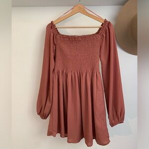 Square neck mini dress long sleeve smocked